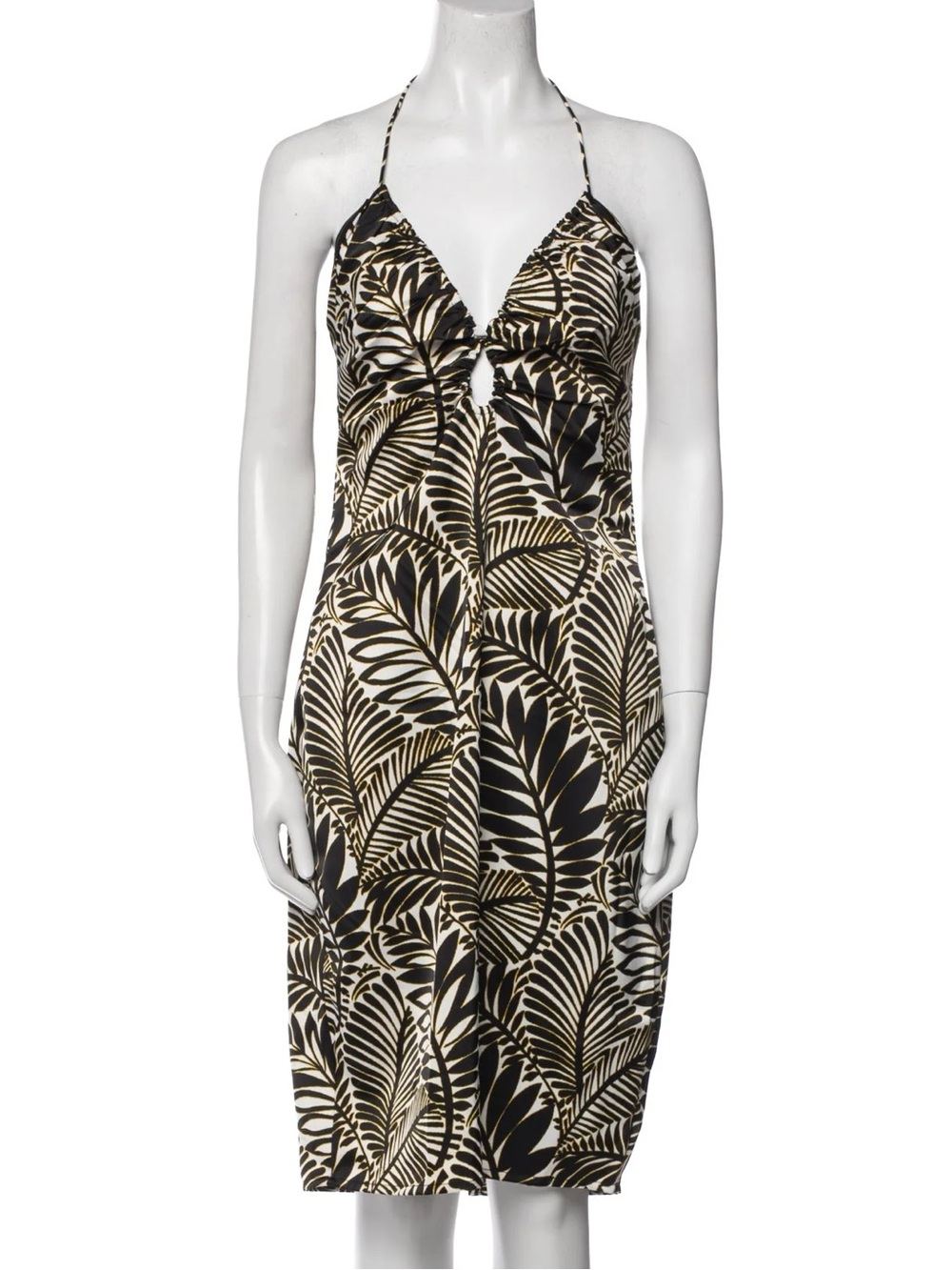Christian Lacroix Black Gold Botanical Leaf Print Halter Midi Dress Keyhole M
